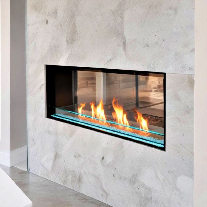linear fireplace with a glass barrier