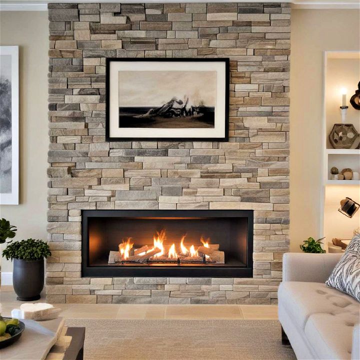 linear fireplace with stone surround