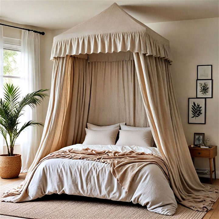 linen bed canopy for an earthy retreat