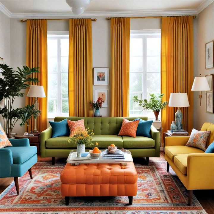 lively living room decor with retro colors