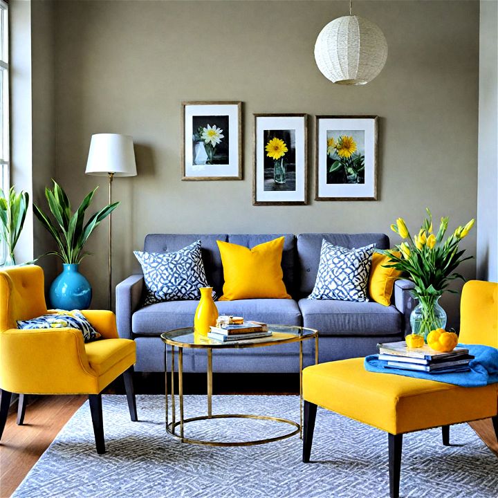lively warm gray and yellow living room