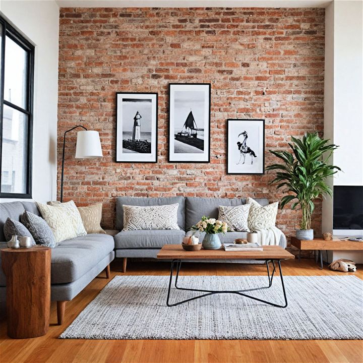living room with a brick accent wall