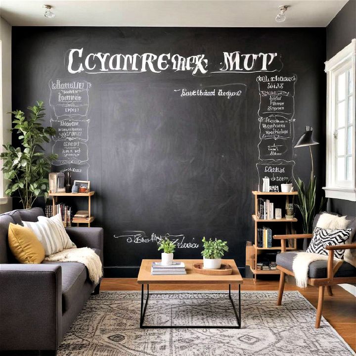 living room with a chalkboard wall