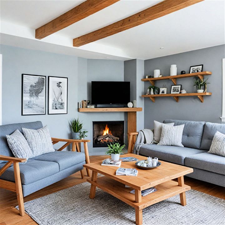 living room with gray and wood tones