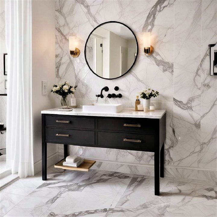 luxe marble accents for black and white bathroom
