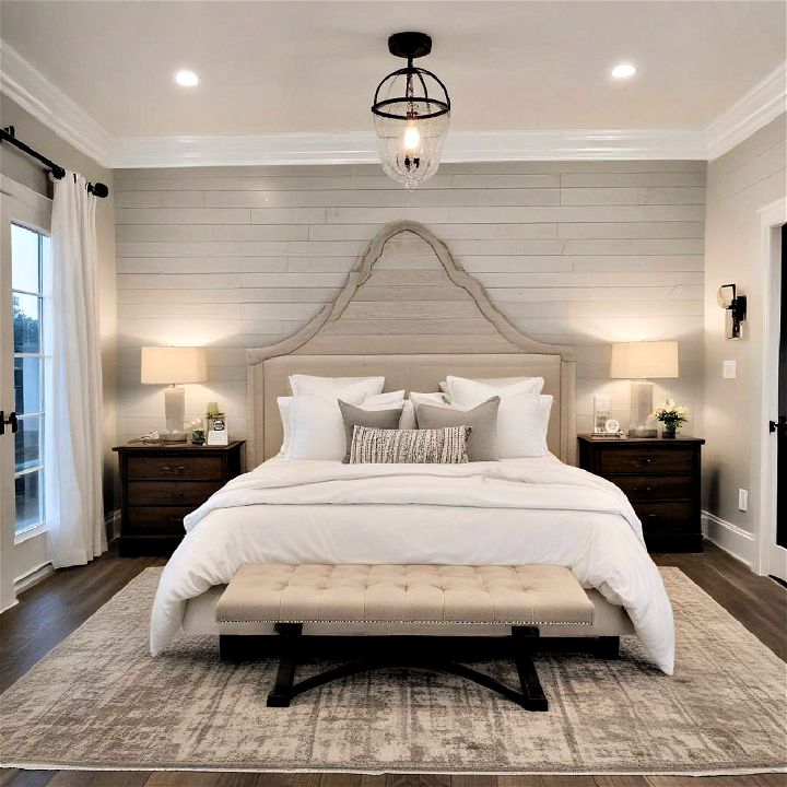 luxurious master suite with shiplap accent wall