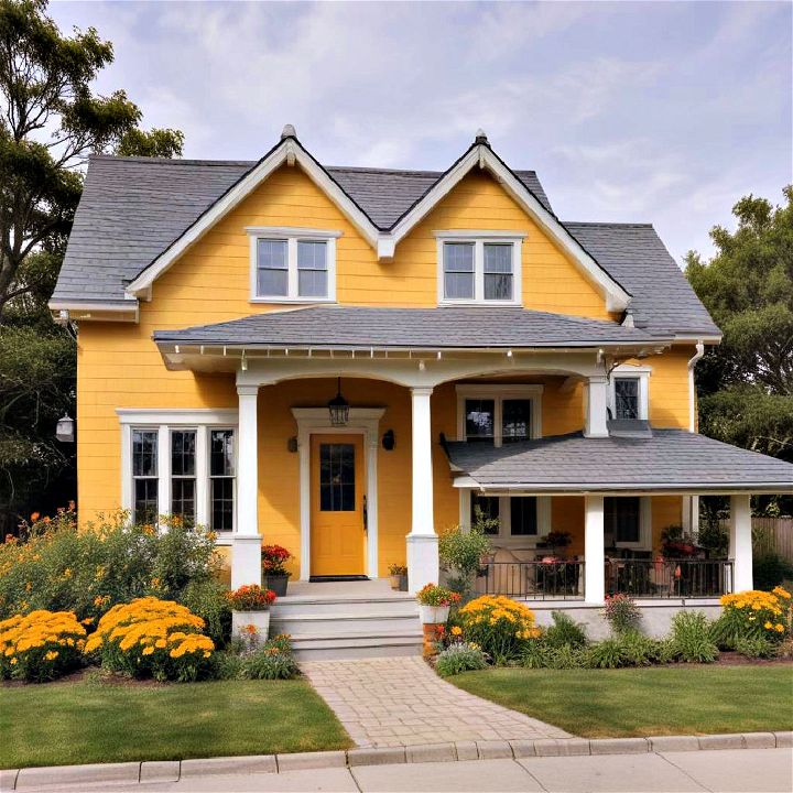 marigold yellow with gray roof home exterior