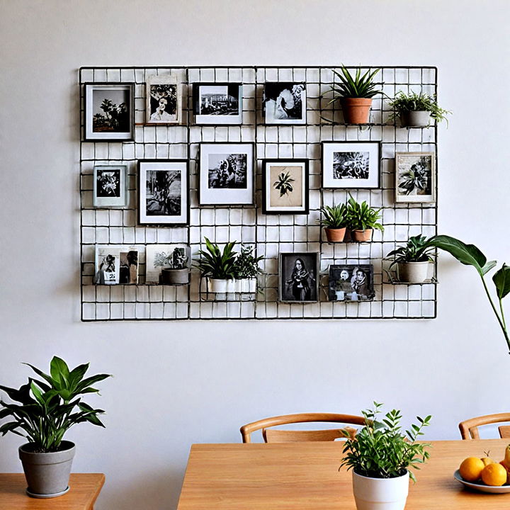 metal wall grid to hold photos and postcards