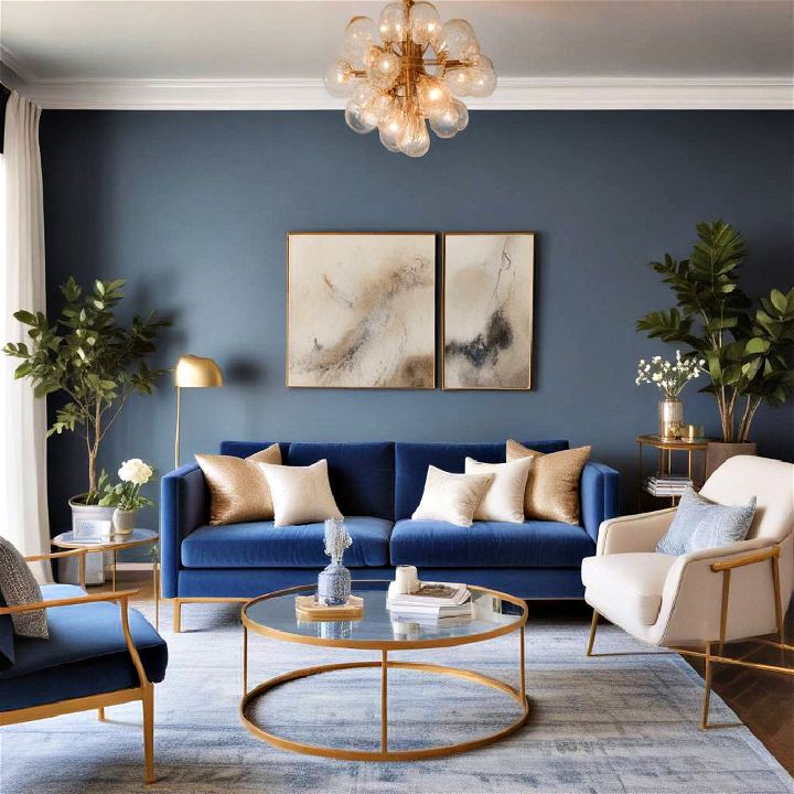 metallic accents blue living room