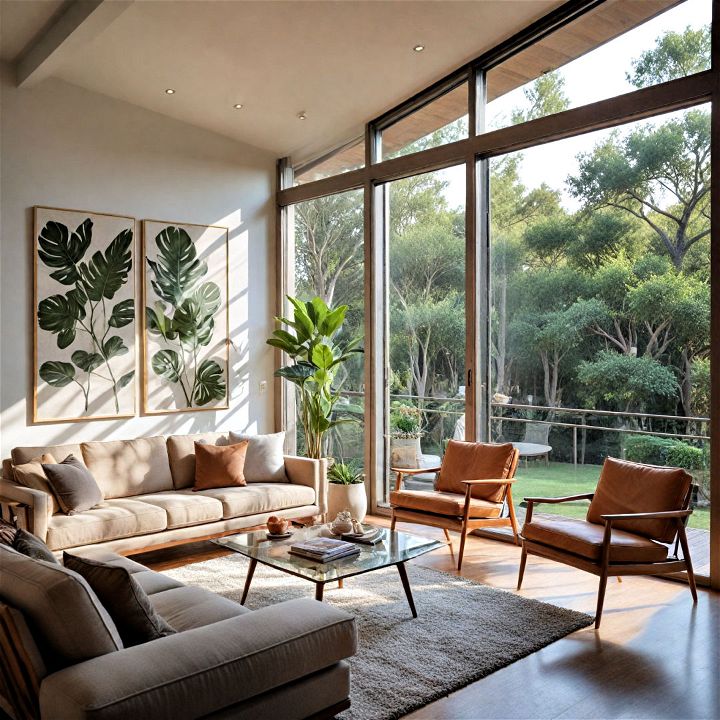 mid century living room with large windows