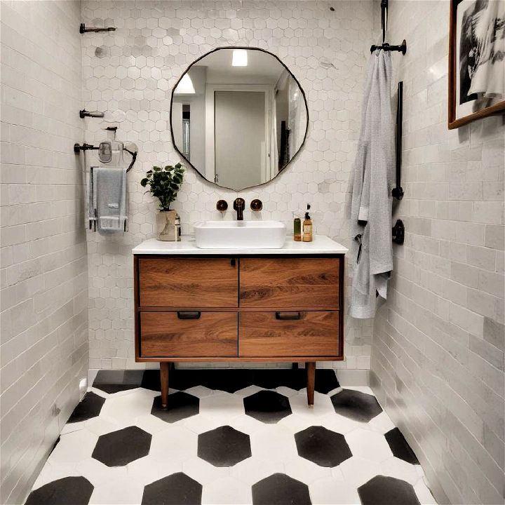 mid century modern bathroom hexagonal floor tiles