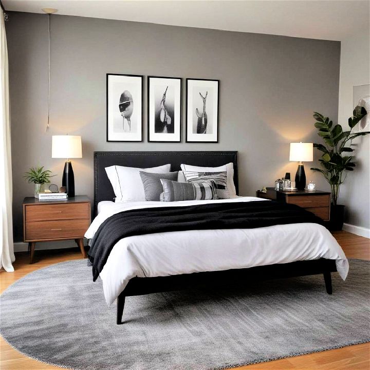 mid century modern black and grey bedroom