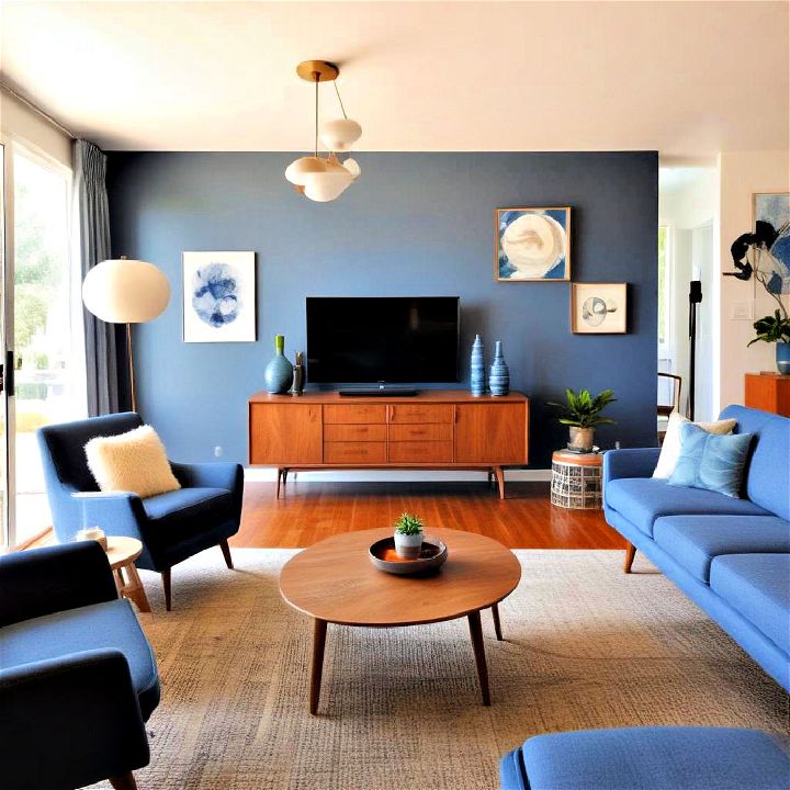 mid century modern blue and grey living room