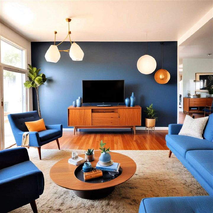 mid century modern blue living room