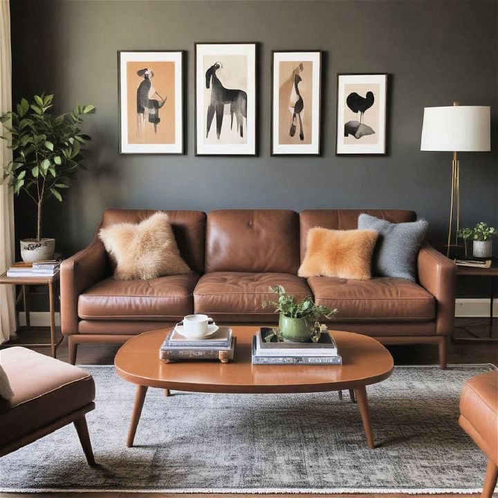 mid century modern living room with dark brown couch