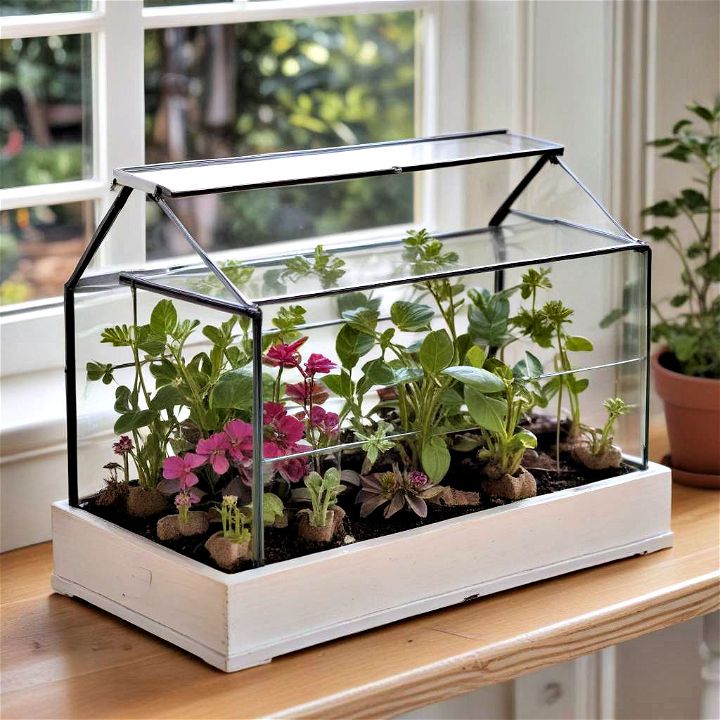 mini greenhouse with glass window box garden