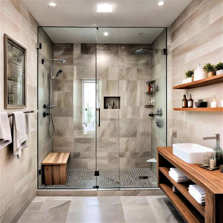mirror wall in shower for small bathroom