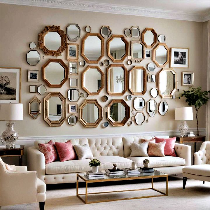 mirrored gallery wall with multiple smaller mirrors