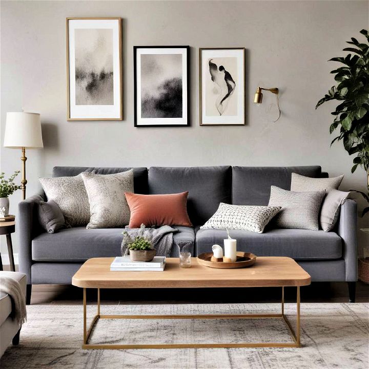 mix different fabrics around grey couch