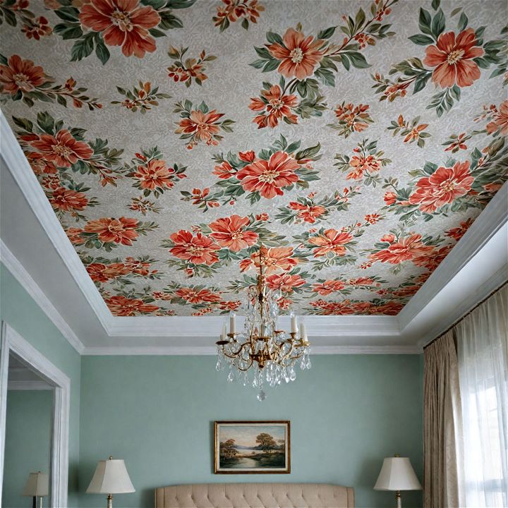 modern bedroom wallpapered ceiling