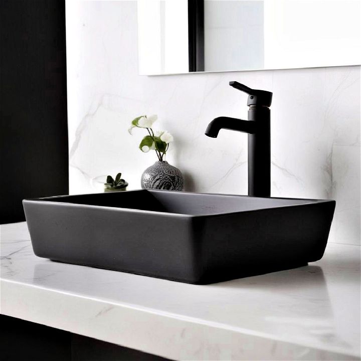 modern black vessel sink on white countertop