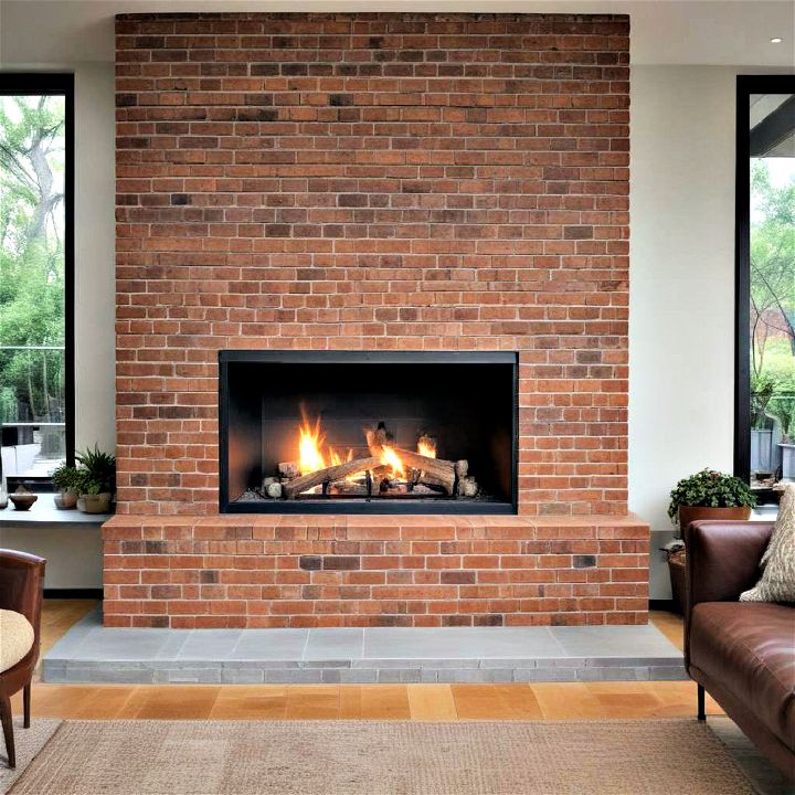 modern brick fireplace with a corten steel surround
