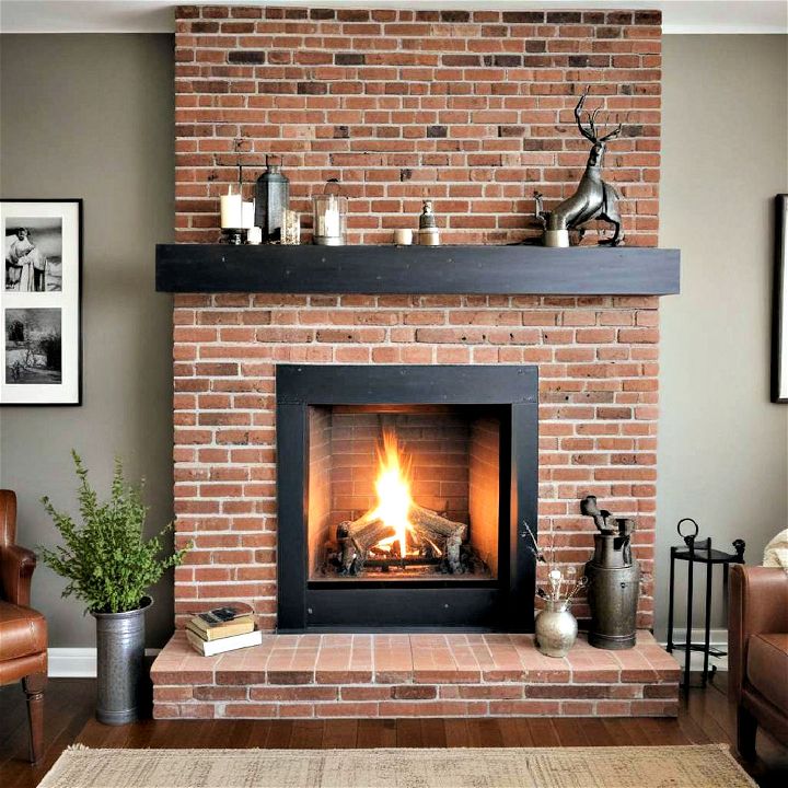 modern brick fireplace with a metal mantel