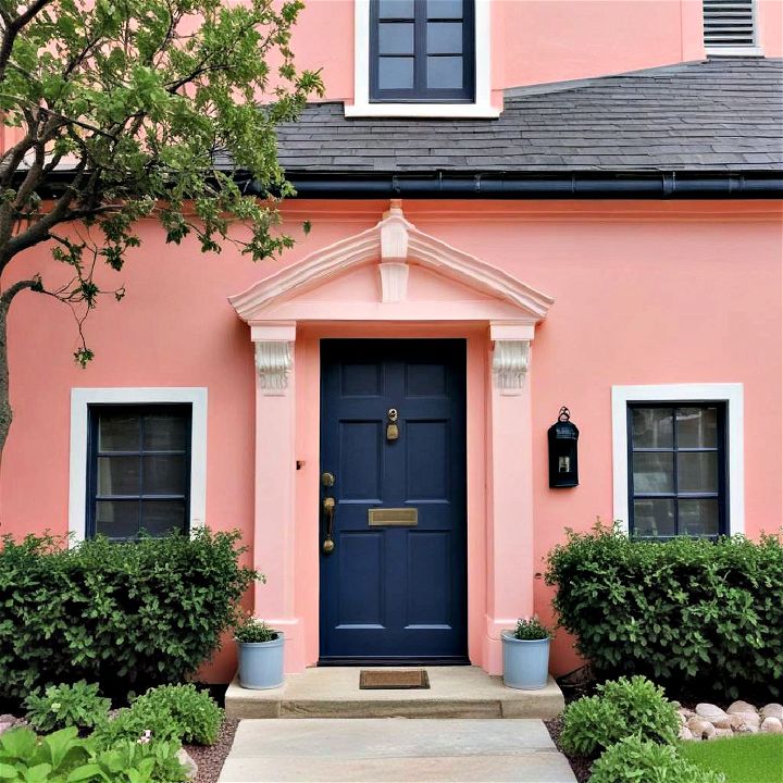 modern coral pink with navy blue door