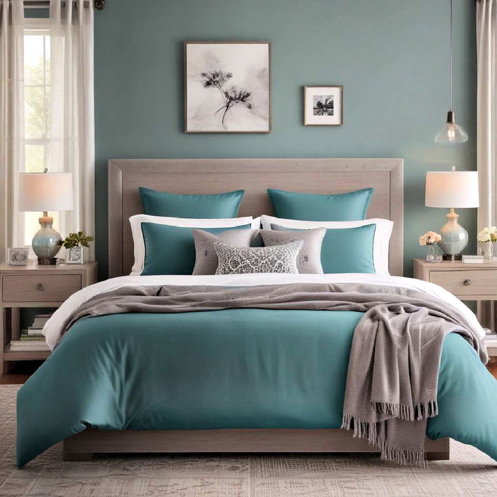 modern teal and grey color scheme bedroom