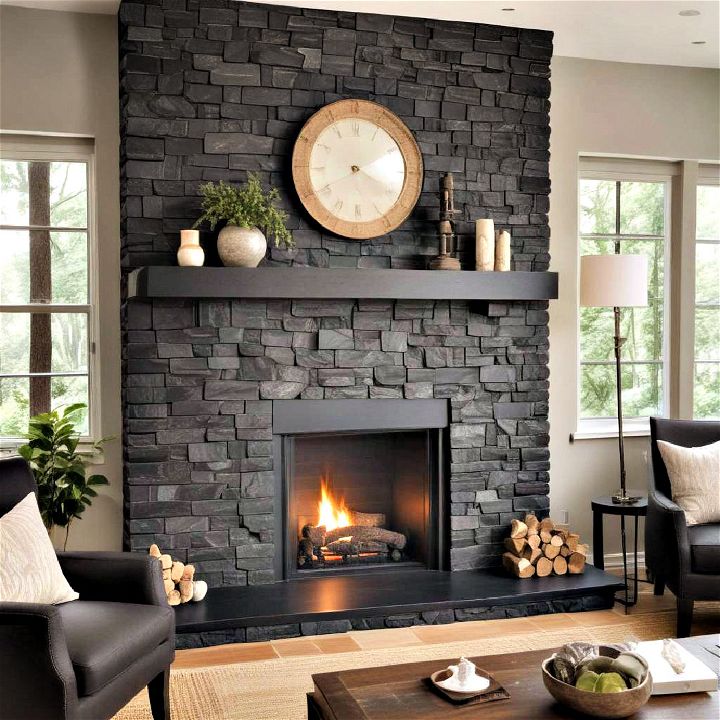 natural elements with a black fireplace