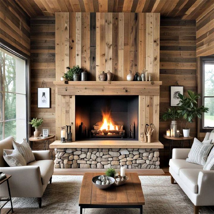 natural wood paneling fireplace