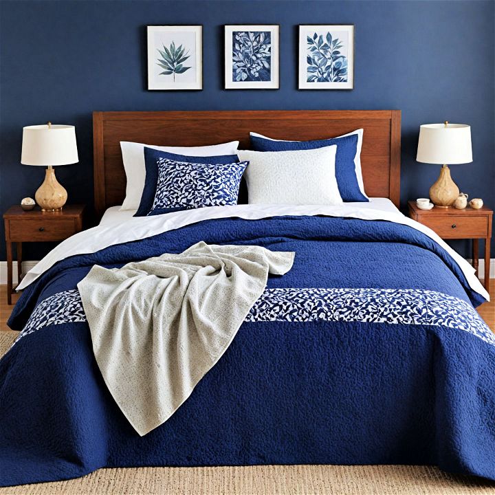 navy blue bedroom quilt and coverlet