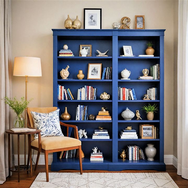 navy blue bookcase for decorative items