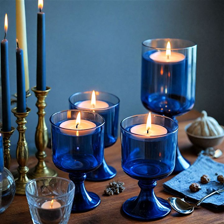 navy blue candles and candle holders