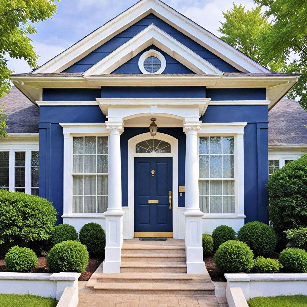 navy blue house with white and gold accents