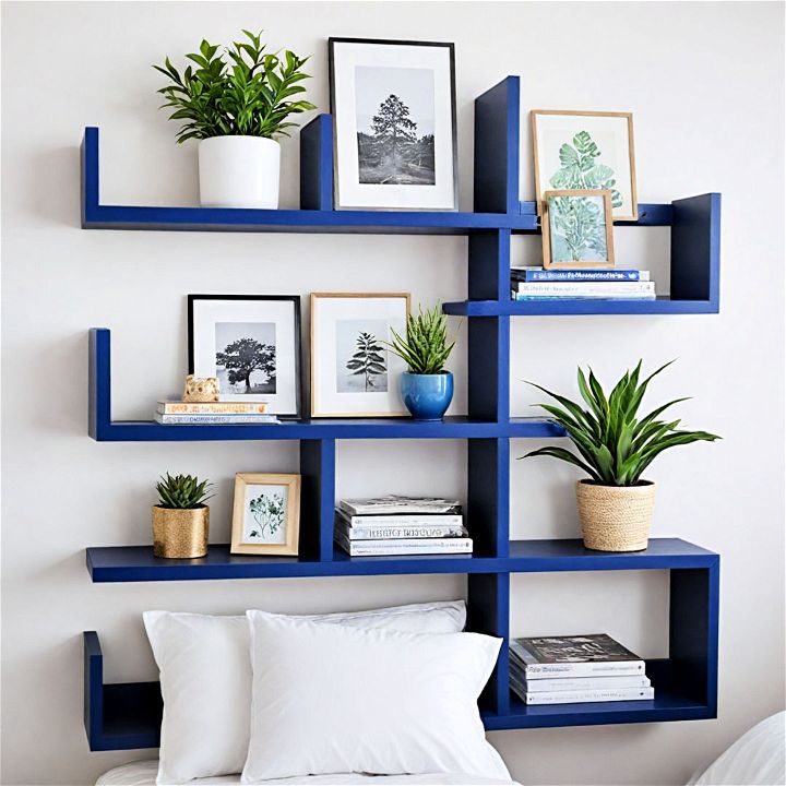navy blue shelving unit for artifacts