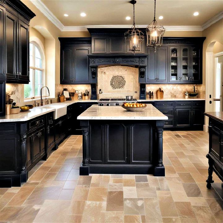 old world kitchen with black cabinet