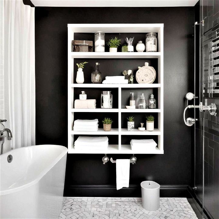 open and airy white shelving on black walls