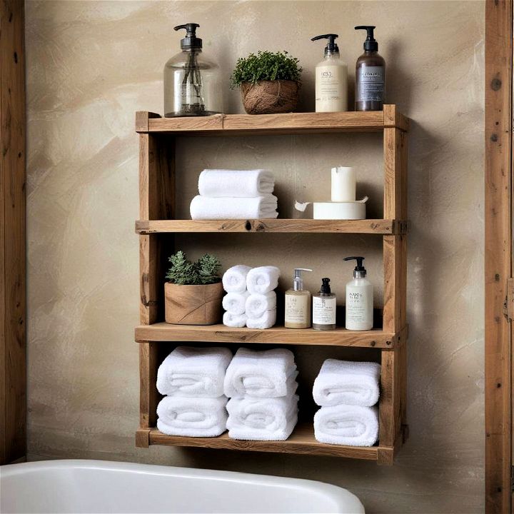open rustic shelving for country bathroom