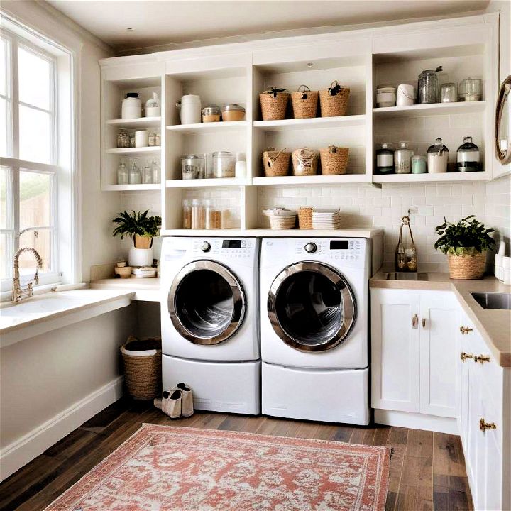 open shelving cabinets laundry room