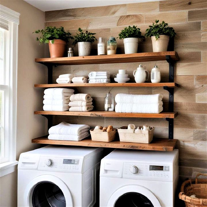 open shelving laundry room for storage solution