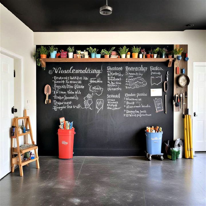 organized workshop with a chalkboard wall