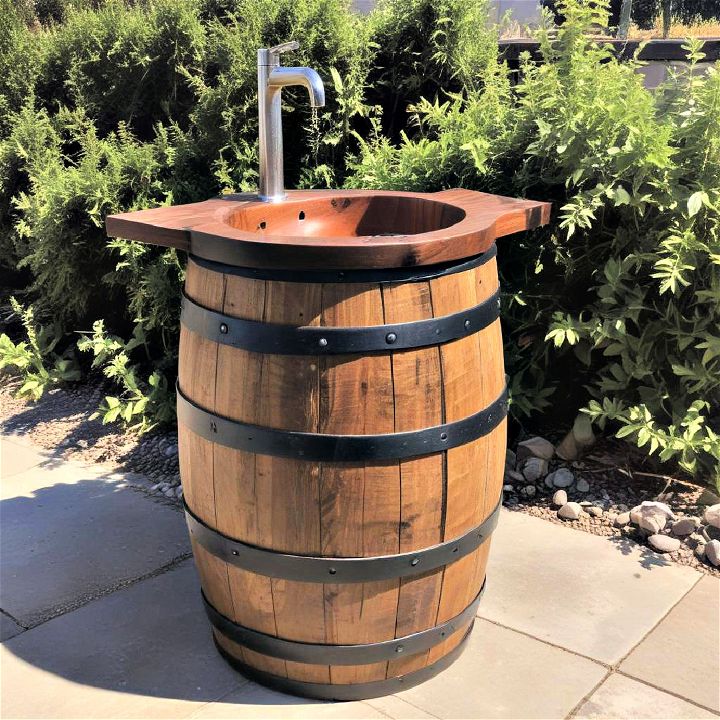 outdoor wooden barrel sink