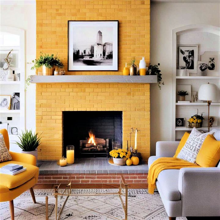 painted brick fireplace with a bold color