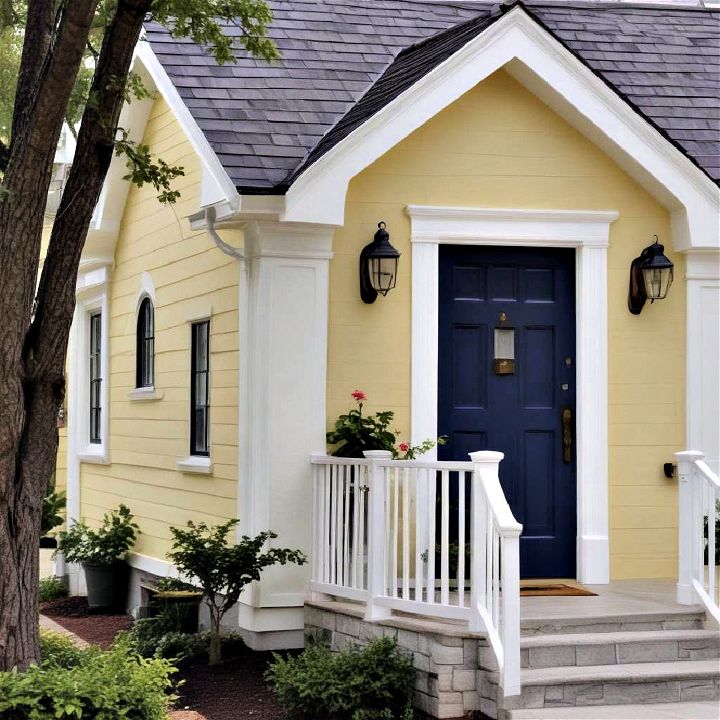 pale yellow with navy blue door home exterior