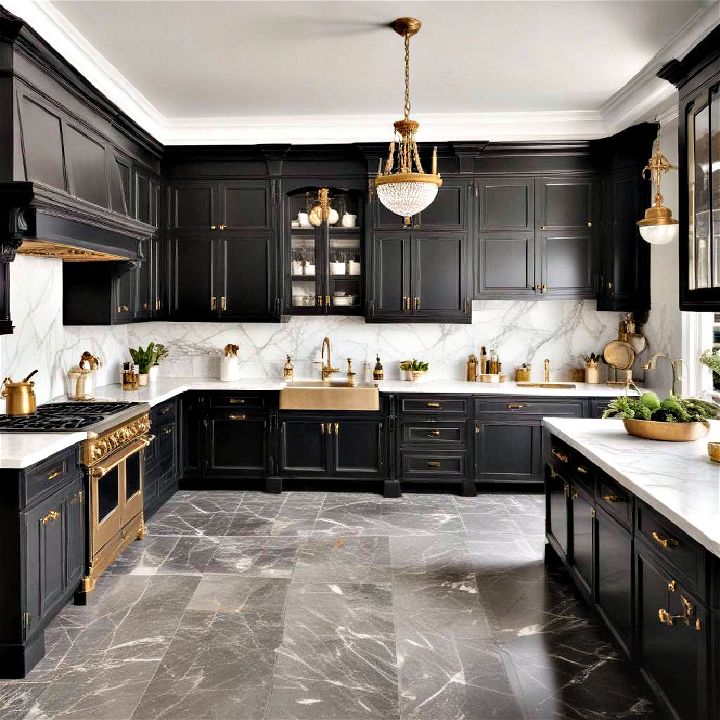 parisian chic kitchen with black cabinets