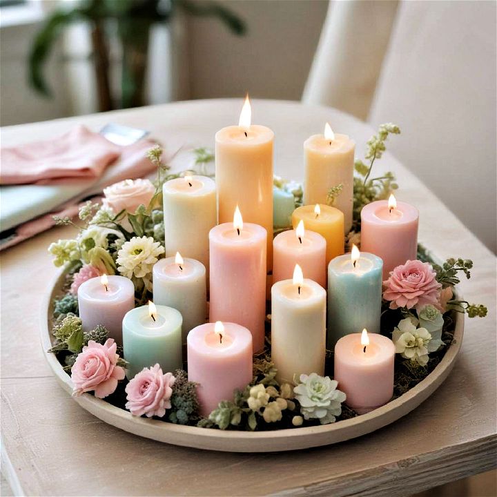 pastel colored candles centerpiece