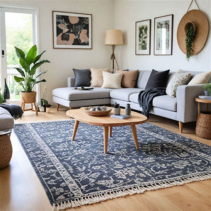 patterned rug in a gray living room