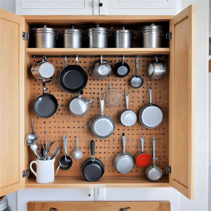 pegboard in a cabinet to organizer pots pans
