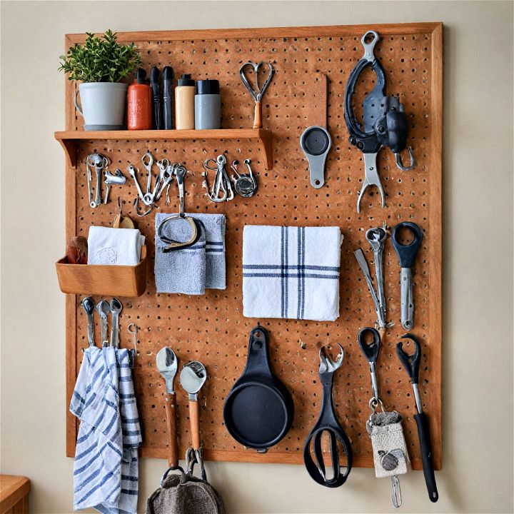 pegboard with hooks for tiny house storage